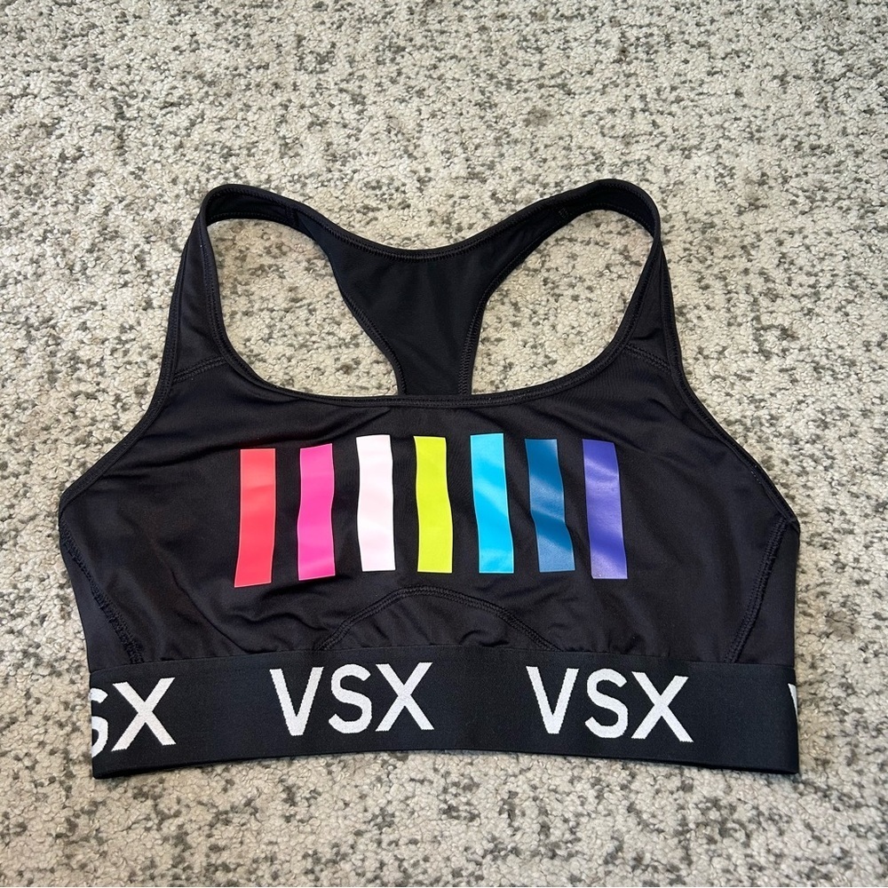 Victoria’s Secret VSX Sports Black & Multi-Colored Stripe Sports Bra Size Medium